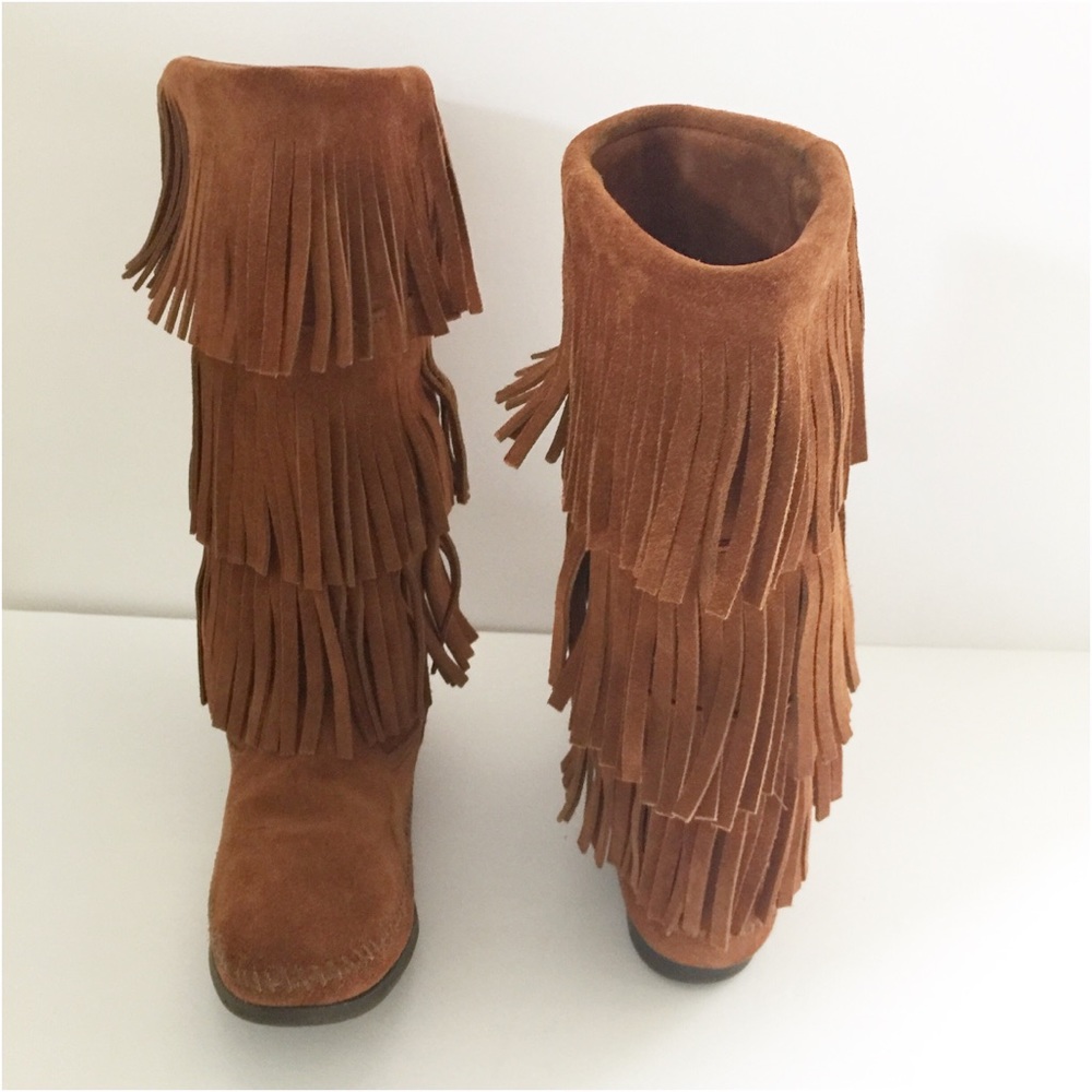 Minnetonka Rust Color Fringed Suede Boot Sz 8 - image 1